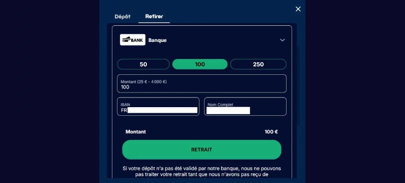 Etape 3 pour faire un retrait sur Spinsino