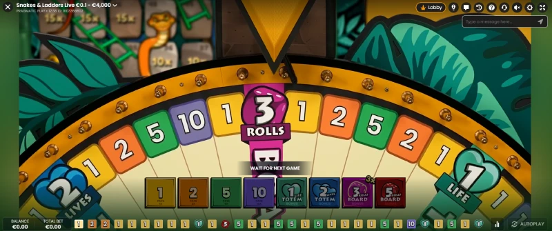 Capture d'écran du lancement de la roue sur Snakes and Ladders Live