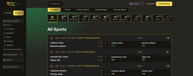 Capture d'écran de la section Sport sur RX Casino