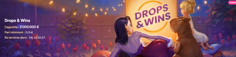 Banni&egrave;re de pr&eacute;sentation du tournoi Drops & Wins sur SpinBara