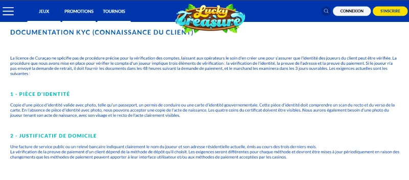 Vérification KYC Lucky Treasure Casino