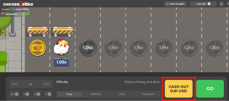 Capture d'écran du bouton Cash Out sur Chicken Road 2