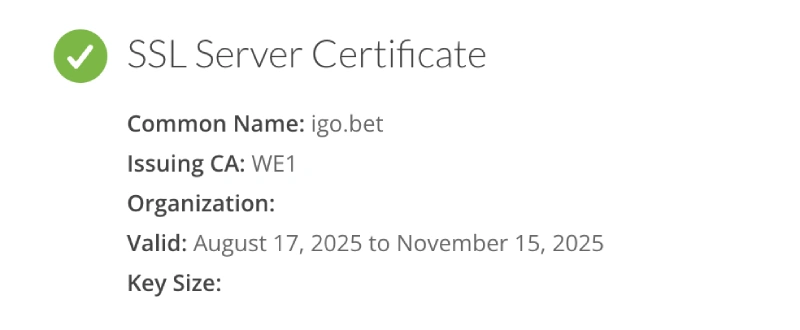 Capture d'écran du certificat SSL de IgoBet