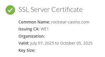 Capture d'&eacute;cran du certificat SLL du casino Rockstar