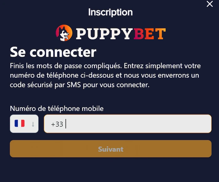 Capture d'écran de l'étape du code d'inscription sur PuppyBet