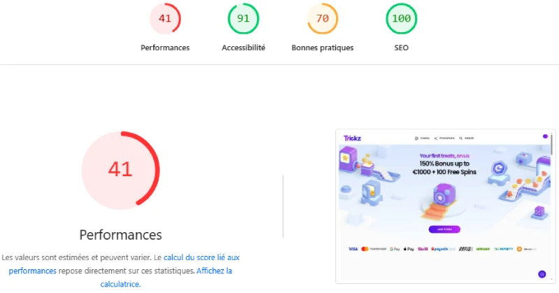 Capture d'&eacute;cran de la performance du casino Trickz