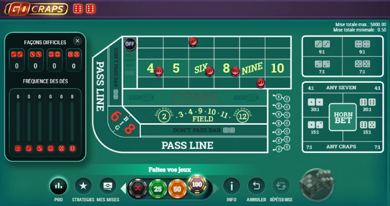 Capture d'&eacute;cran d'une session en cours sur Go Craps