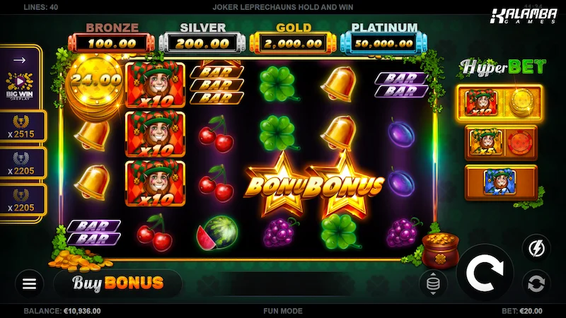 Capture d'écran de l'interface de JokerLeprechauns Hold and Win