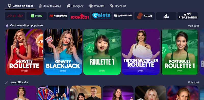 Capture d'écran des jeux en direct sur PuppyBet