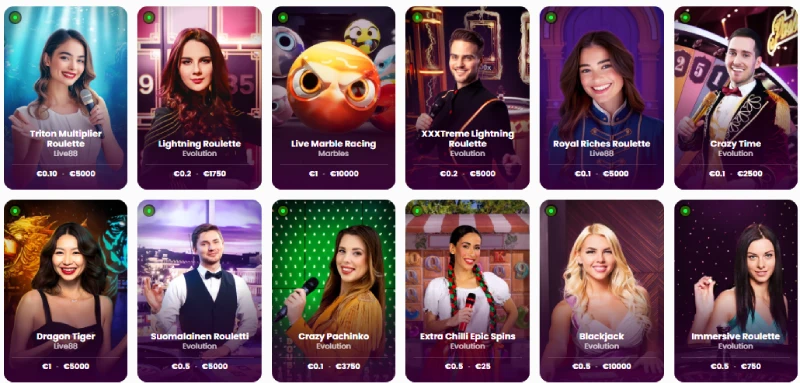 Capture d'écran de la section live casino sur Trickz