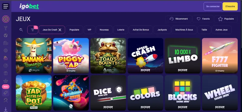 Capture d'écran des mini jeux sur IgoBet