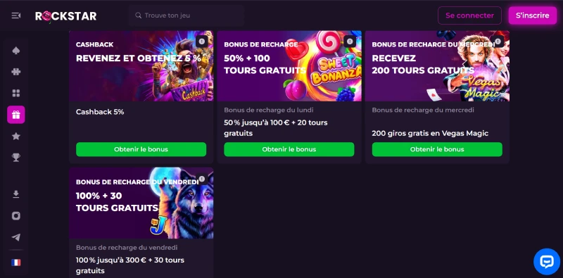 Capture d'&eacute;cran des promotions sur Rockstar Casino