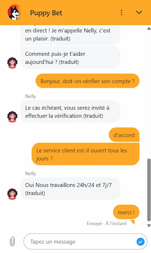 Capture d'écran de la discussion avec le service client de PuppyBet