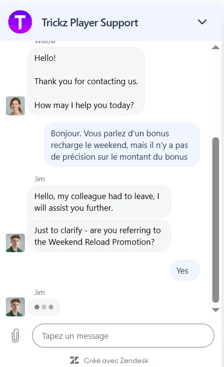 Echange avec le service client sur Trickz