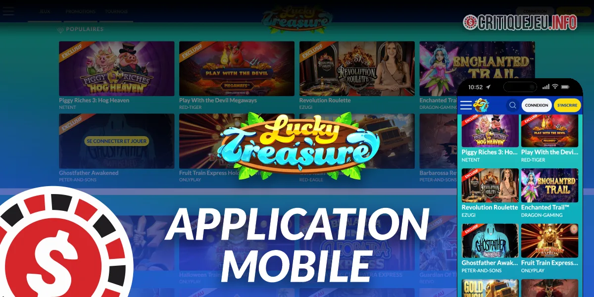 Capture d'écran de l'interface de l'application mobile Lucky Treasure montrant les jeux et les promotions