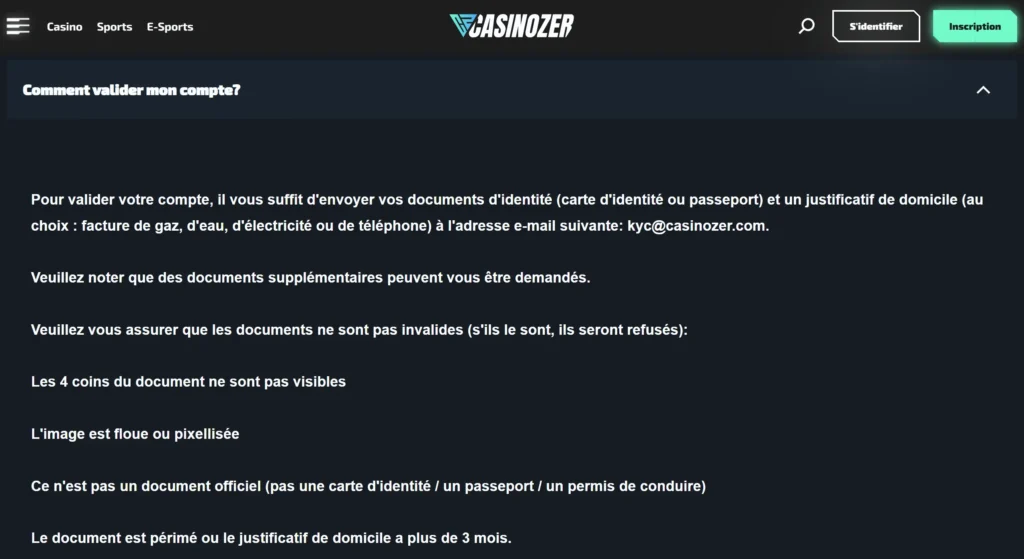 kyc casinozer vérification d'identité