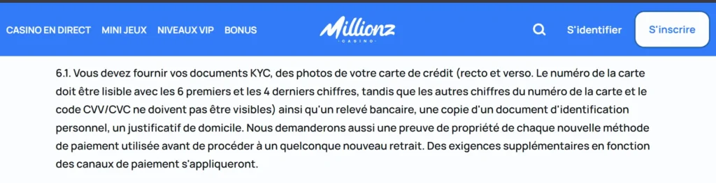 kyc millionz casino verification identite