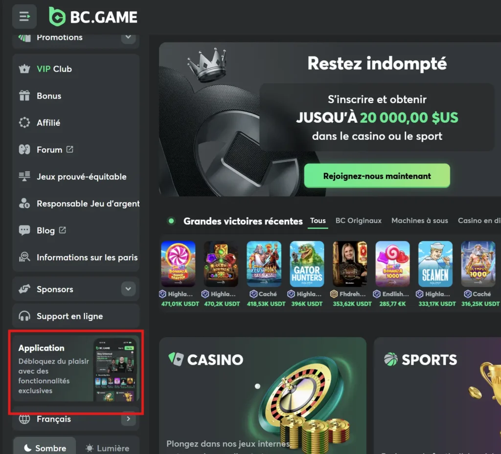 trouver l'application bc game