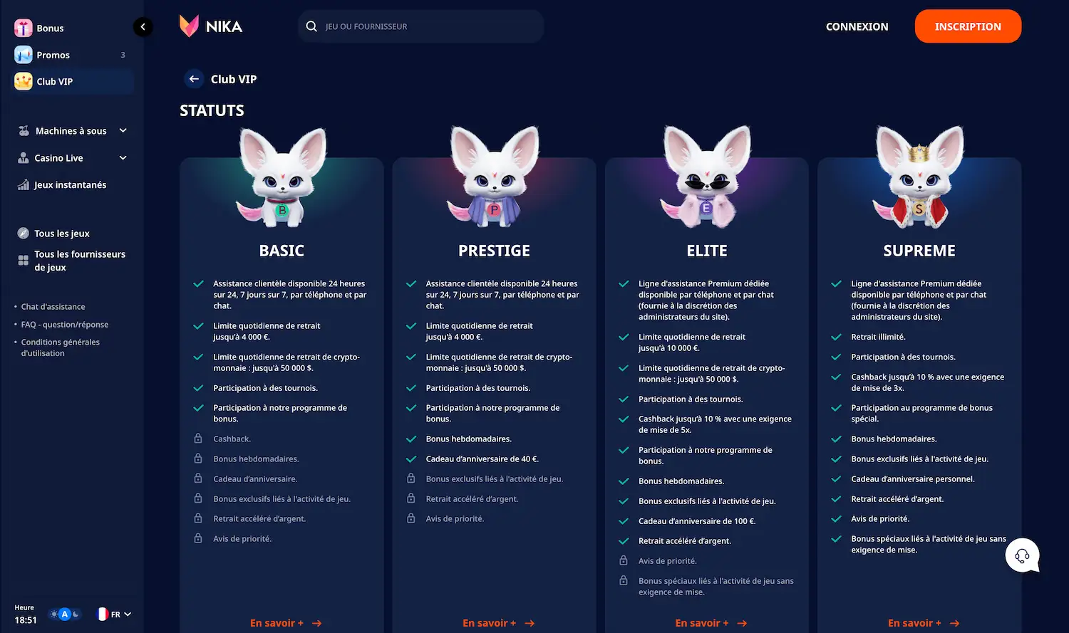 Capture d'écran du programme VIP de Nika Casino