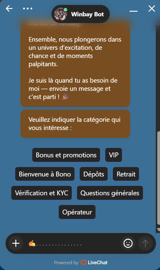capture d'écran service client winbay
