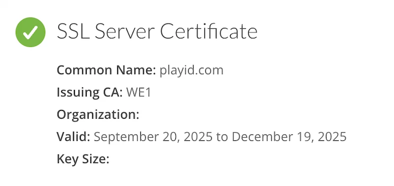 Capture d'écran du Certificat ssl sur PlayID