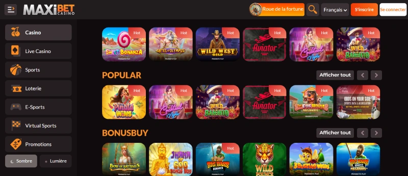capture decran jeux de casino maxibet