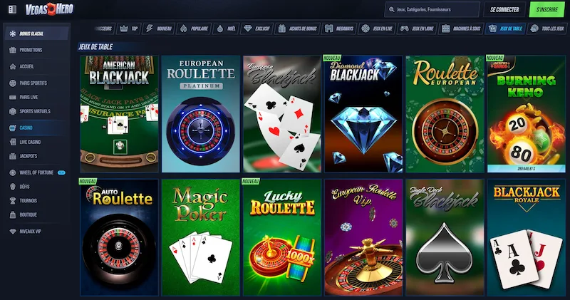 Capture d'écran des jeux de table sur Vegas Hero