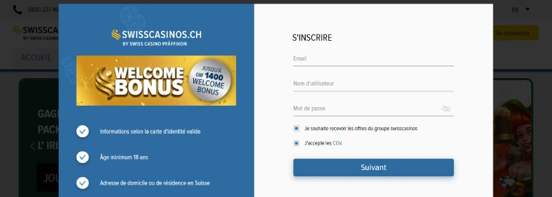 capture decran inscription sur le casino swisscasinos ch