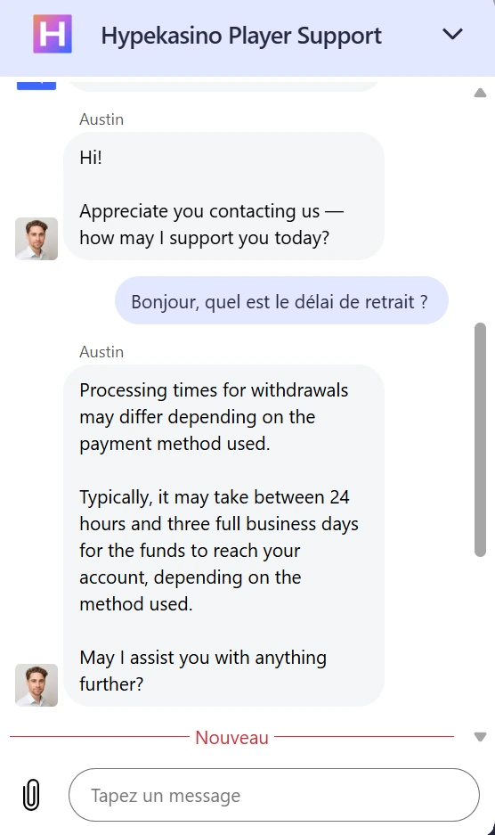 capture decran service client hype kasino