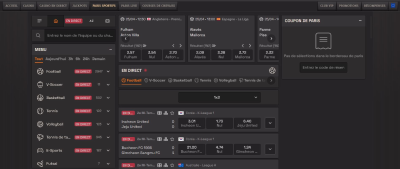 section des paris sportifs sur spinboss