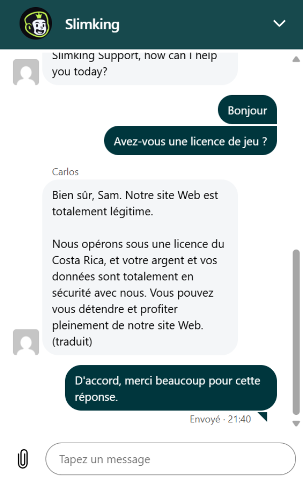 assistance client slim king casino