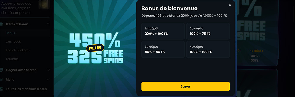 bonus de bienvenue 450% sur snatch casino