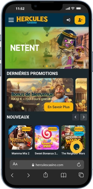 capture decran interface mobile hercules casino