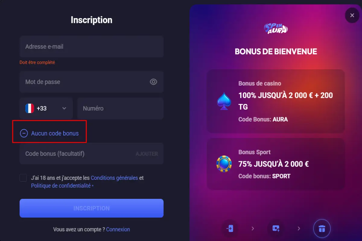 capture decran inscription code promo spinaura