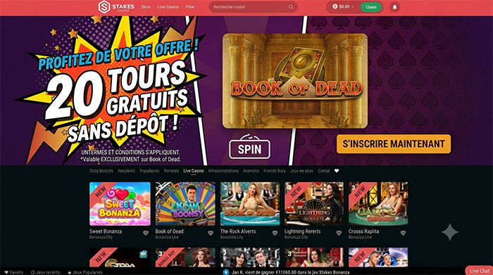 20 tours gratuits sans depot retirable sur stakes casino