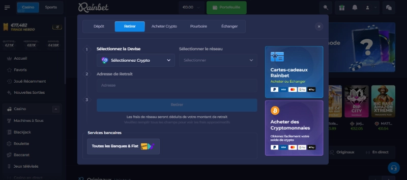 interface de retrait sur rainbet