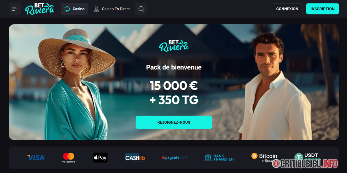 BetRiviera, casino international au bonus de bienvenue de 15 000 €