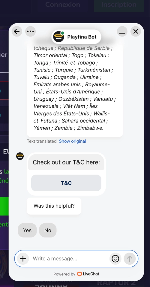 assistance client sur playfina