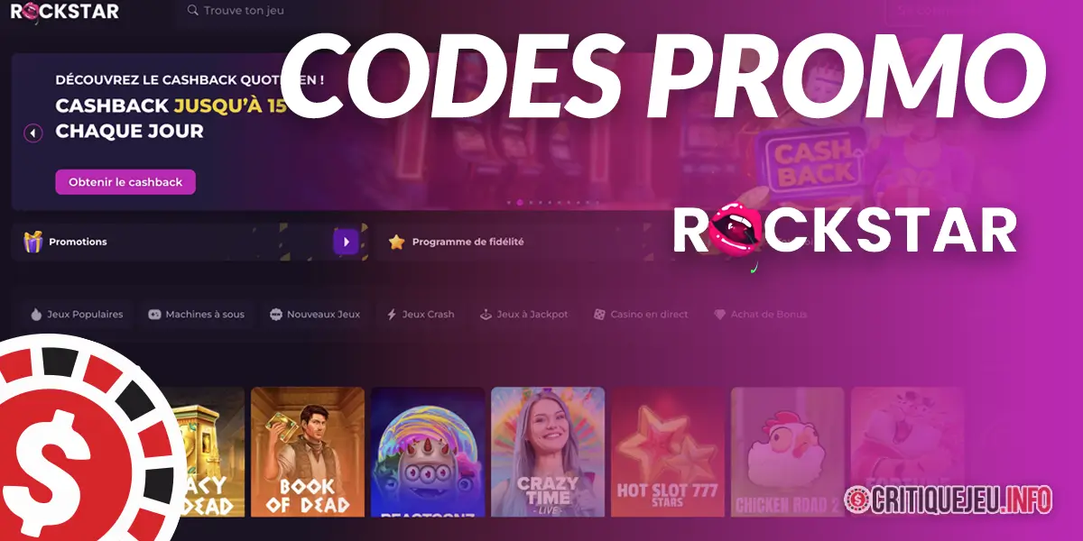 Codes promos Rockstar Casino et bonus actifs en Octobre 2026
